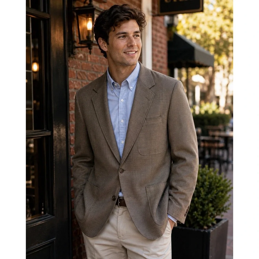 Vintage Lands' End Mens Blazer 44R Wool Blend Made USA Brown Tan Sport Coat